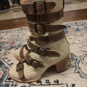 Freebird Bond Cream Snakeskin Heeled Boots/Sandals